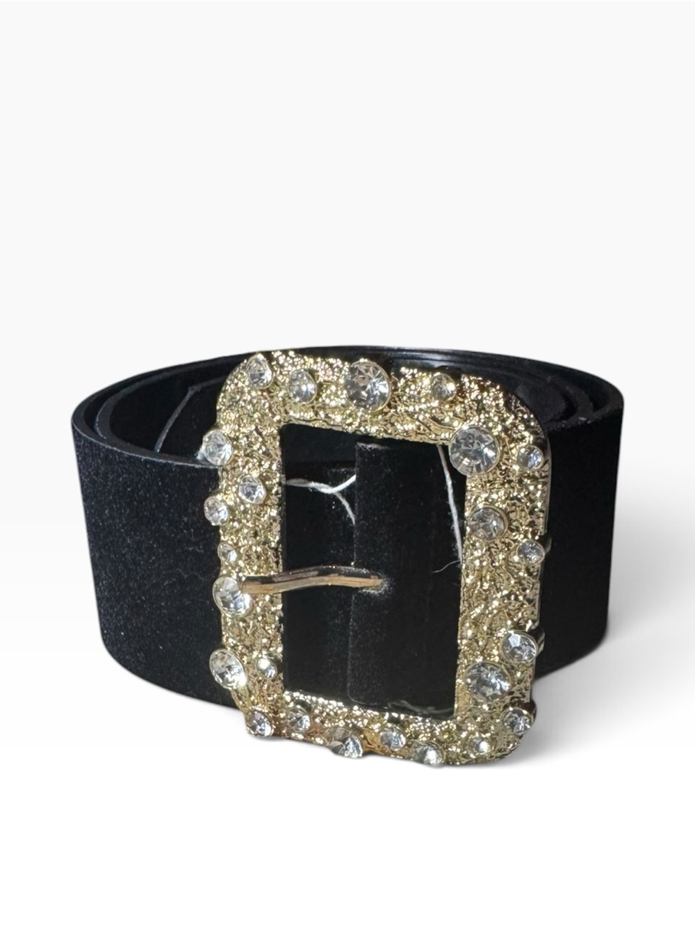 Zara Black Velvet Belt with Bejeweled Gold Crystal Buckle